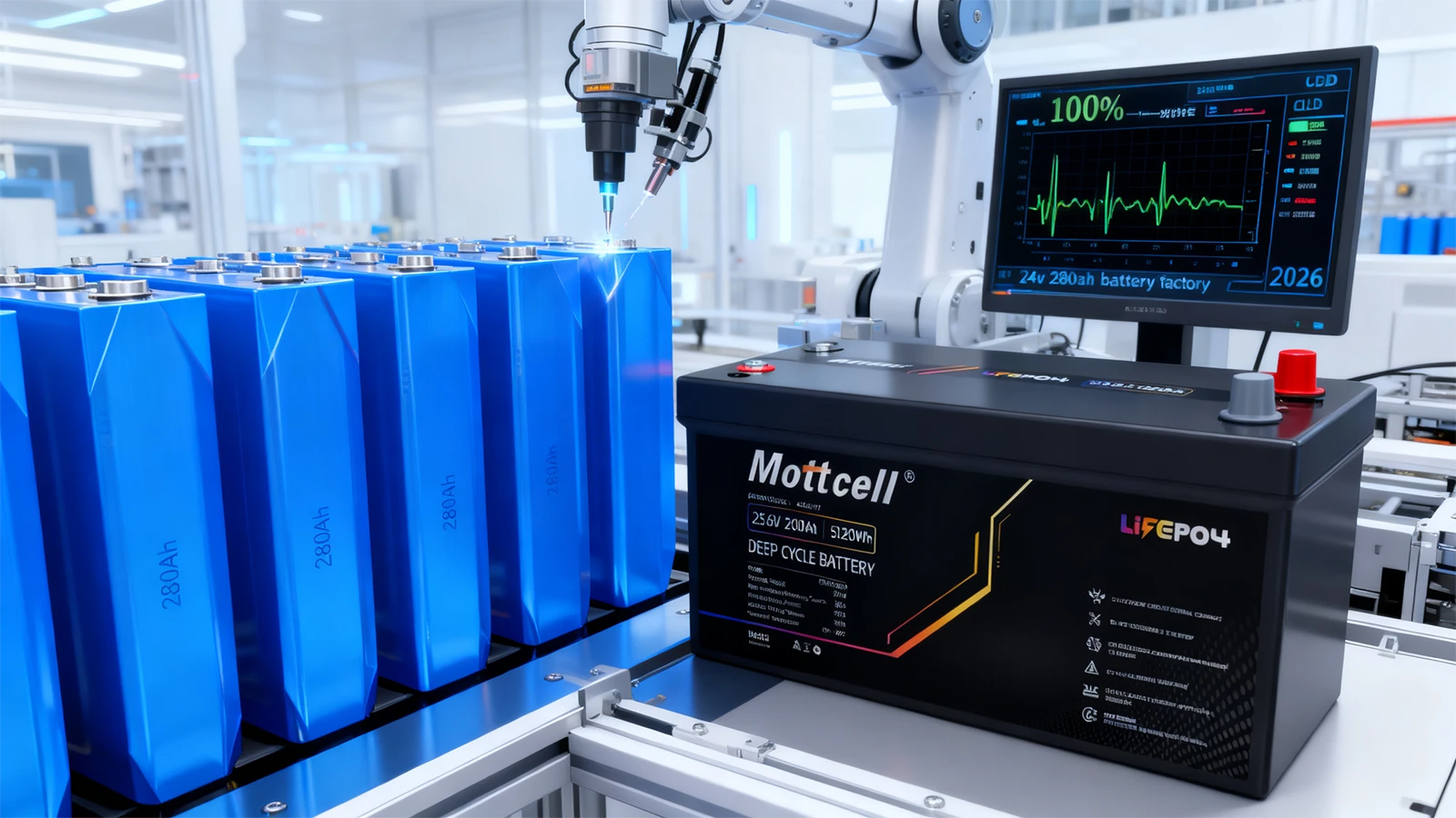 Mottcell 24V 280Ah battery factory utilizing Grade A prismatic LiFePO4 cells for high-capacity battery pack assembly Mottcell 24V 280Ah battery factory utilizing Grade A prismatic LiFePO4 cells for high-capacity battery pack assembly