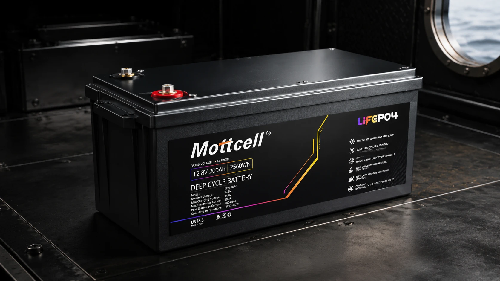 Mottcell IP67 waterproof deep cycle 12V LiFePO4 battery pack with tin-plated copper terminals for marine applications Mottcell IP67 waterproof deep cycle 12V LiFePO4 battery pack with tin-plated copper terminals for marine applications