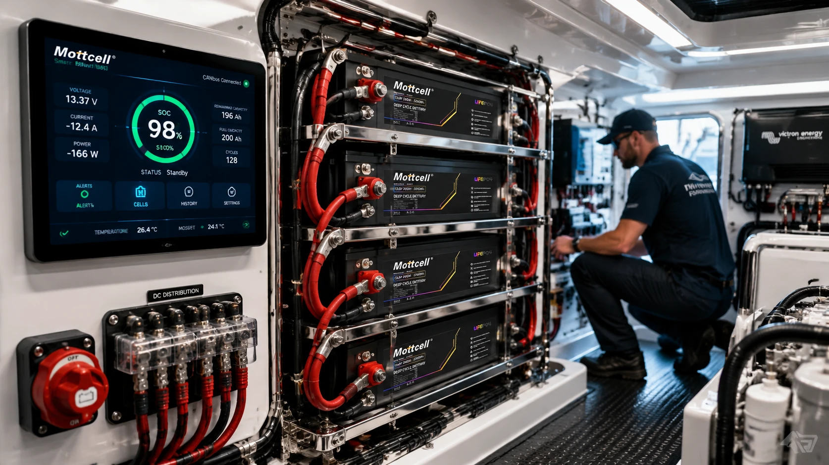 Commercial marine 12V lithium battery bank array integrated with CANbus smart BMS telemetry dashboard Commercial marine 12V lithium battery bank array integrated with CANbus smart BMS telemetry dashboard