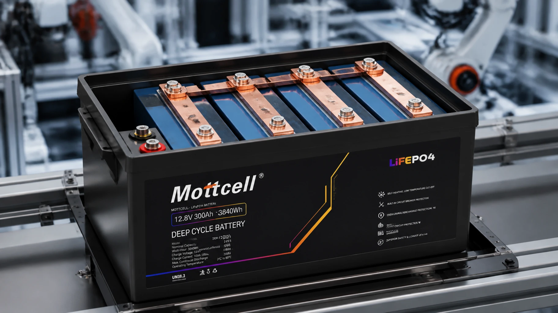 Mottcell custom 12V 300Ah LiFePO4 battery pack showing four series prismatic cells locked in a steel compression frame