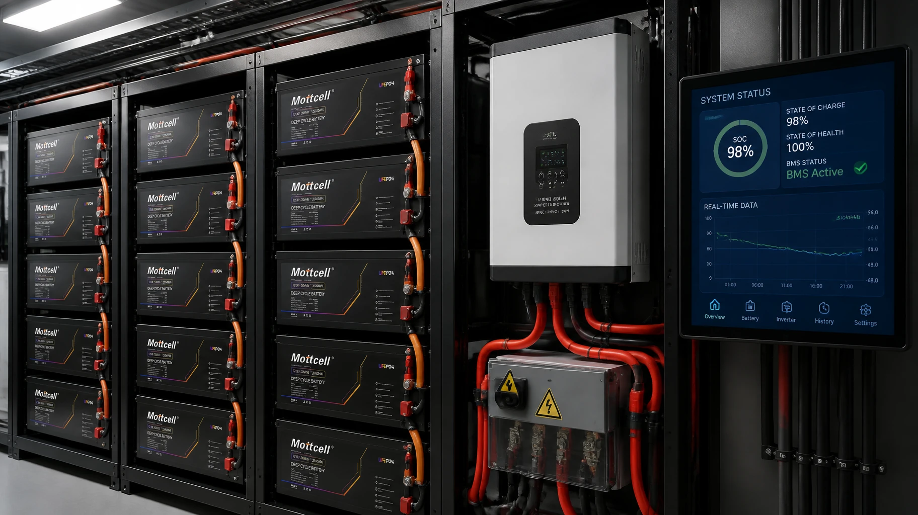Industrial 12V 300Ah energy storage system rack integrated with solar inverters and active smart BMS telemetry screen