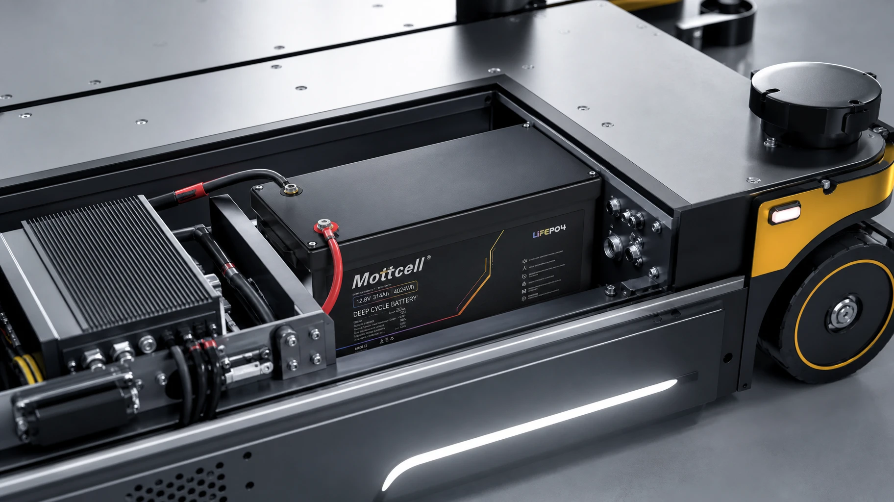 Mottcell custom high-density 12V 314Ah LiFePO4 battery pack showing space-saving enclosure design built for industrial AGVs