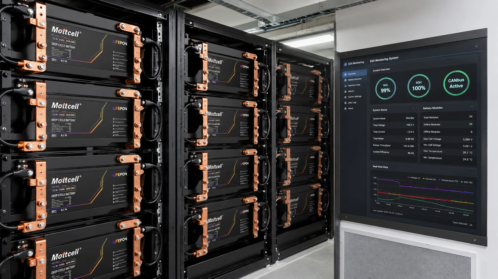 Industrial 12V 314Ah energy storage system rack integrated with standard factory microgrid controllers and smart CANbus BMS screen