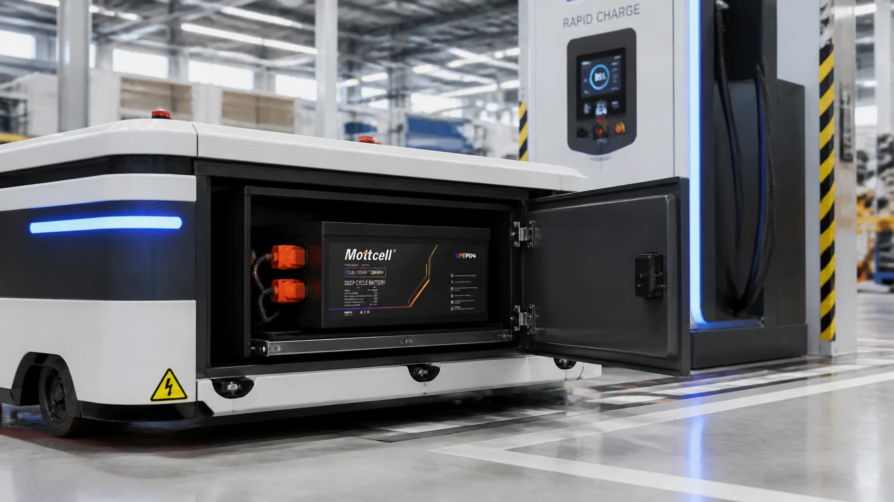 Mottcell custom industrial 12V 100Ah LiFePO4 battery pack installed in an automated factory AGV vehicle with opportunity charging capabilities