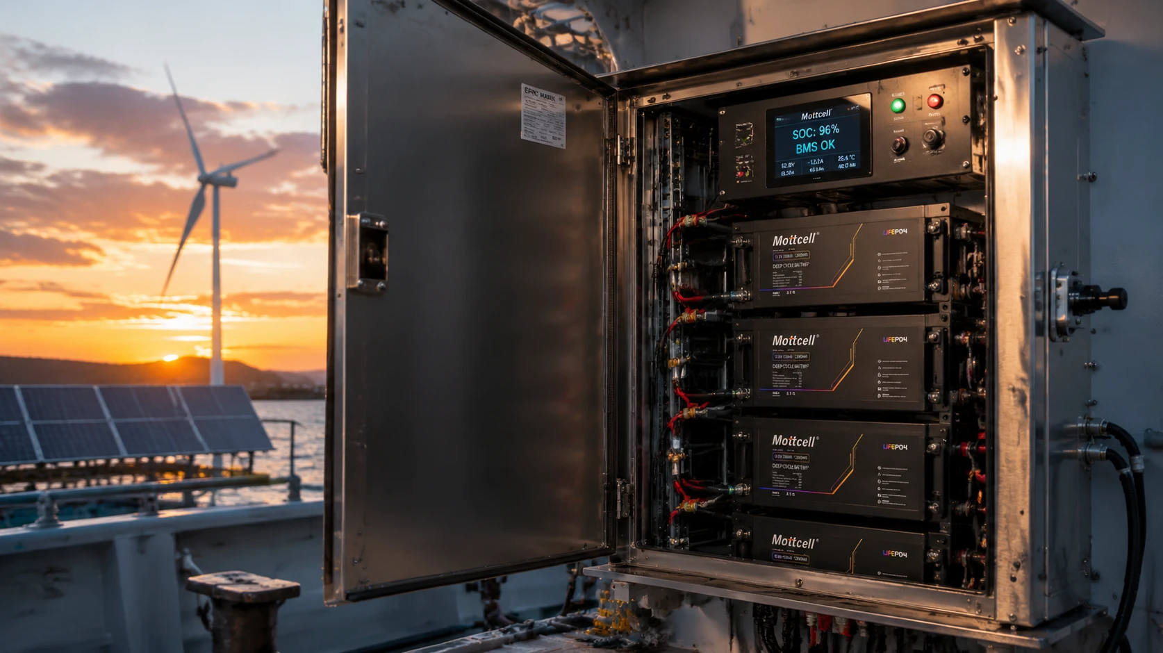 Outdoor ruggedized solar energy storage system cabinet integrating multiple modular 12V 100Ah lithium battery banks with active smart BMS control