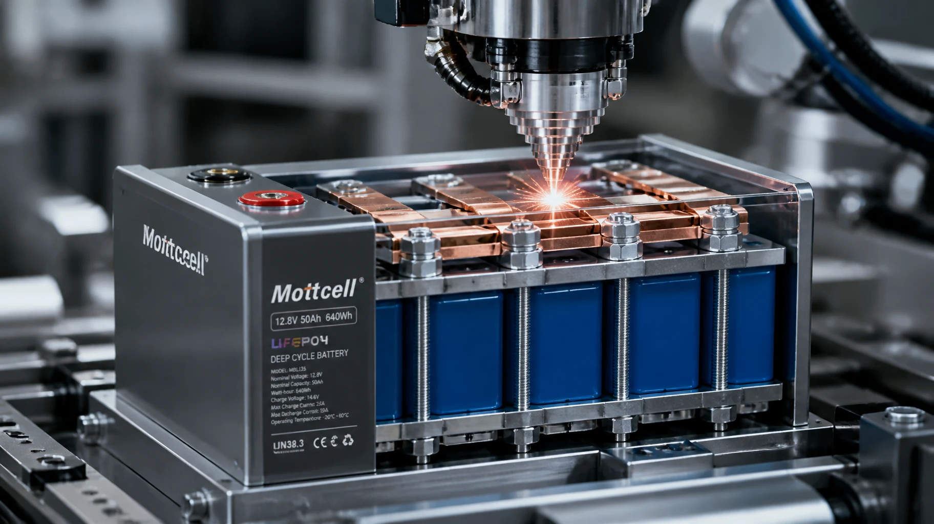 Mottcell custom industrial 12V 50Ah LiFePO4 battery pack showing series prismatic cells locked in a heavy-duty compression frame with laser-welded busbars
