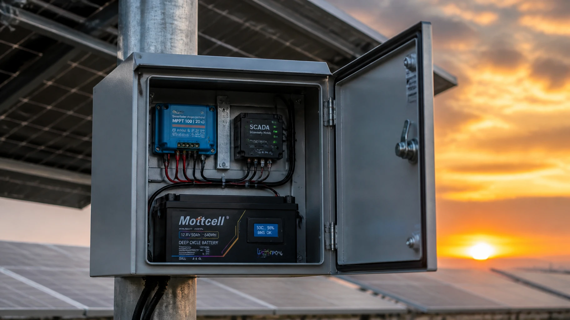 Outdoor ruggedized solar telemetry enclosure integrating modular 12V 50Ah lithium battery banks with active smart BMS control loops