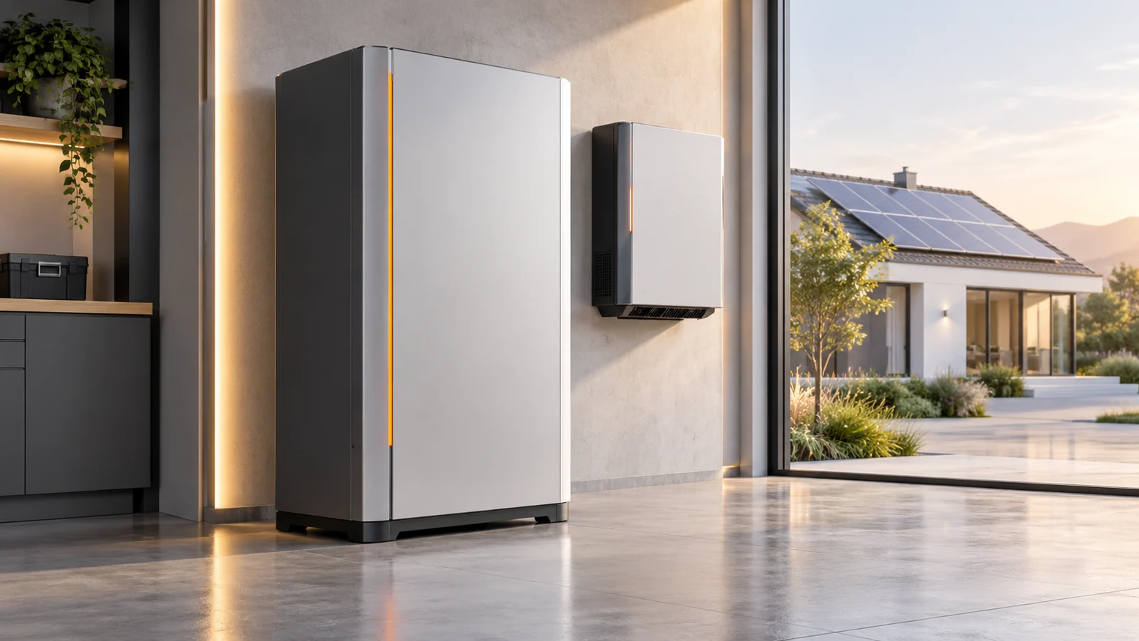 Conceptual home solar battery cabinet and separate inverter for a 48V-class 300Ah sourcing guide